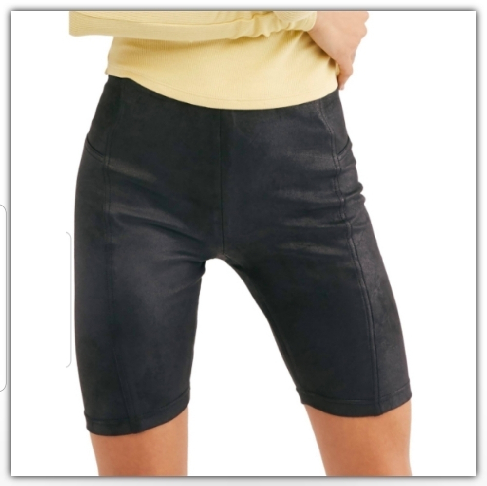 Free People High Waist Faux-Leather Bike Shorts in Black
